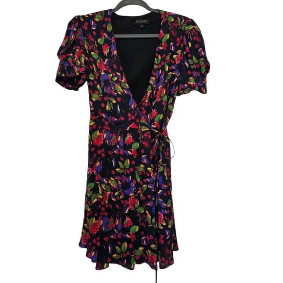 SALONI Lea Gathered Floral-Print Crepe De Chine Mini Wrap Dress | 2 Cottagecore - Picture 3 of 16